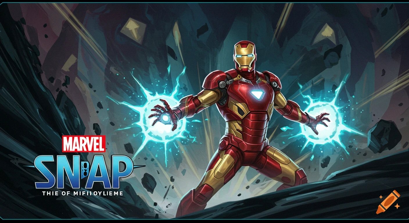 Iron Man fires energy blasts, with the Marvel Snap logo.