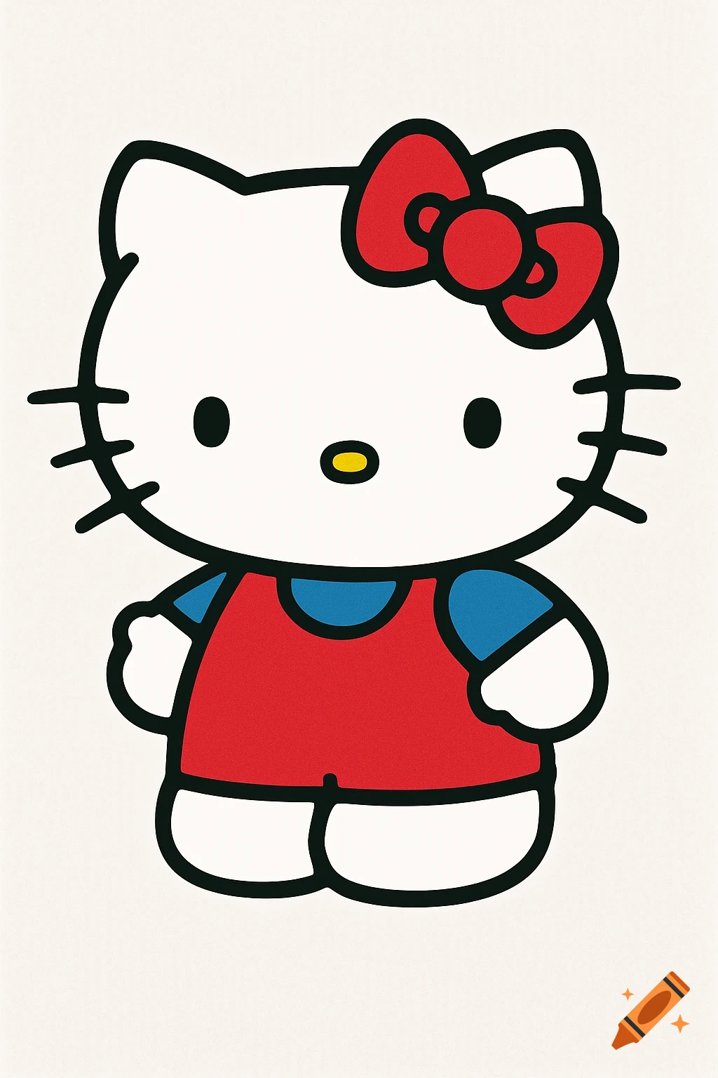 An illustration of Hello Kitty wearing a red dress, blue top, and a red bow.