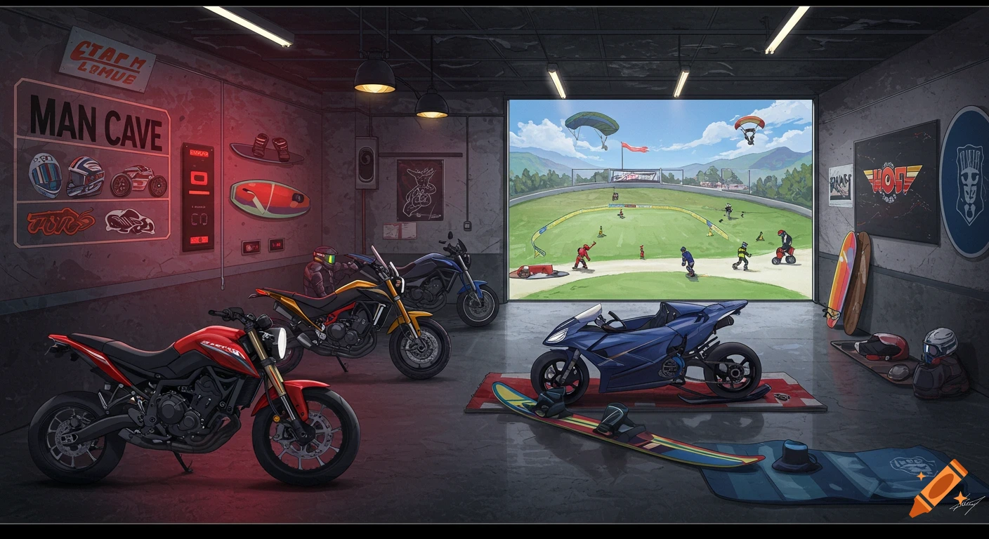 Illustration of a man cave garage filled with motorcycles, sports gear, and a screen showing an outdoor sports event.