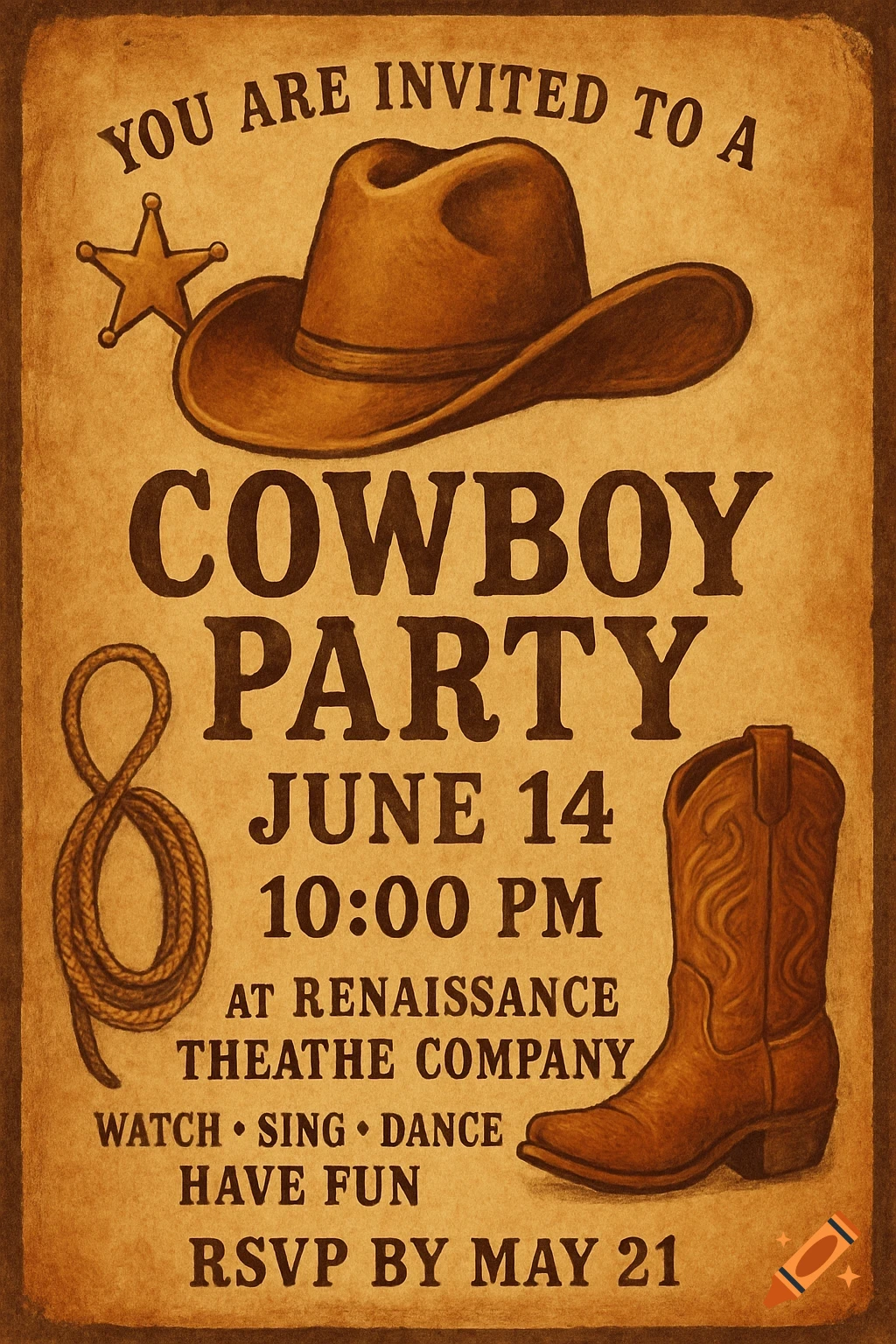A cowboy party invitation illustration on vintage paper featuring a hat, star, rope, and boot.
