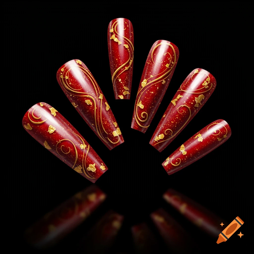 Red nails with gold foil and swirling designs on a black background.