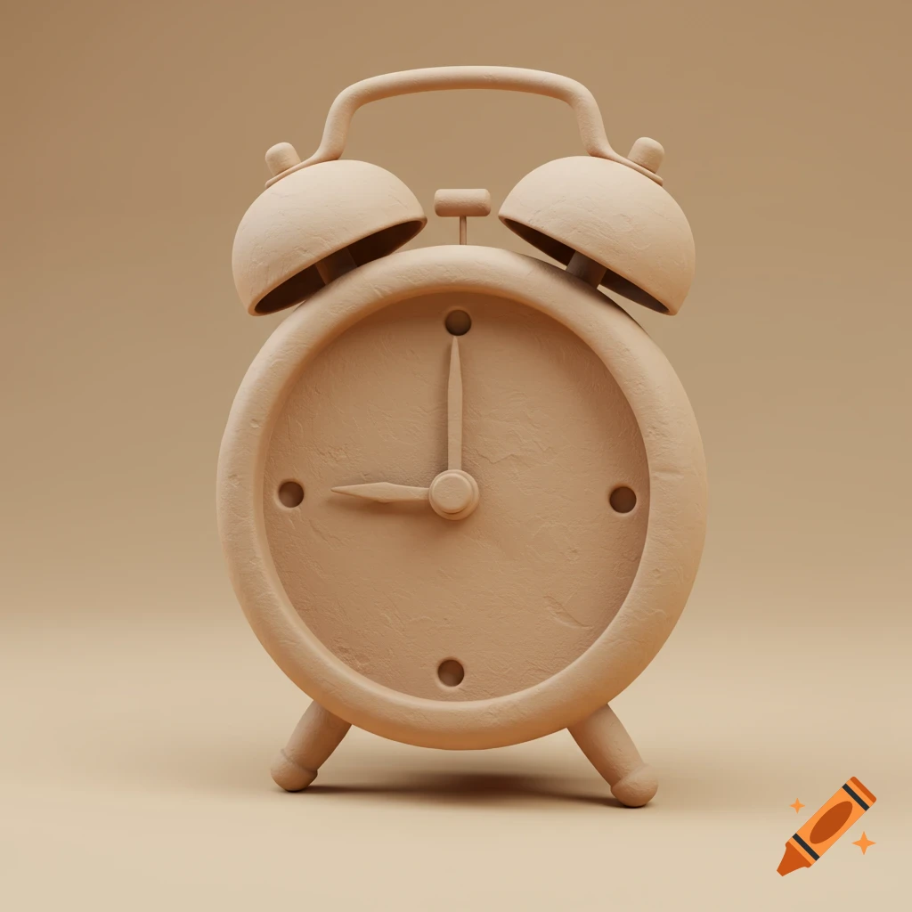An analog alarm clock in a beige clay 3D style.