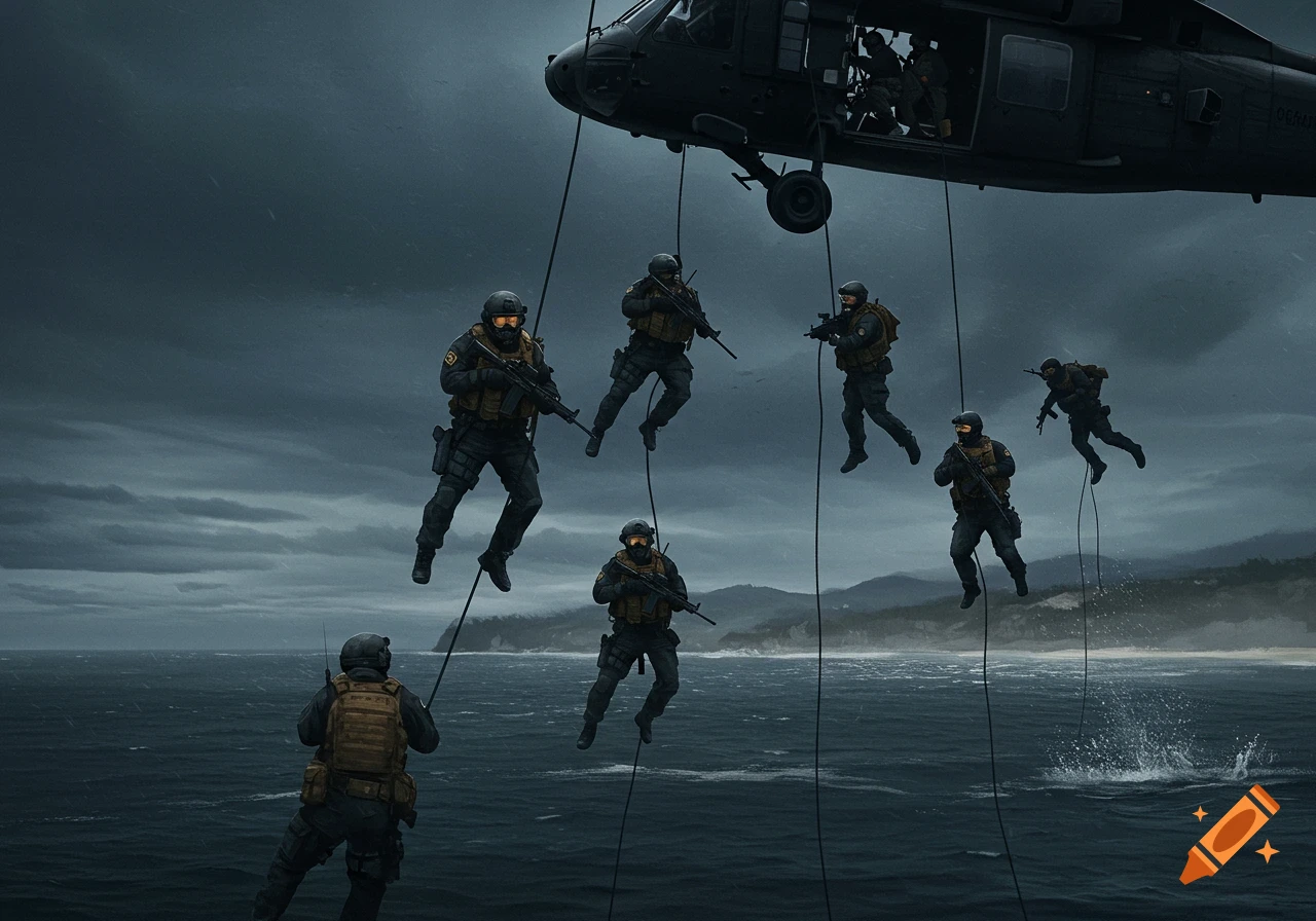 Soldiers rappel on ropes from a helicopter over the ocean under a stormy sky.