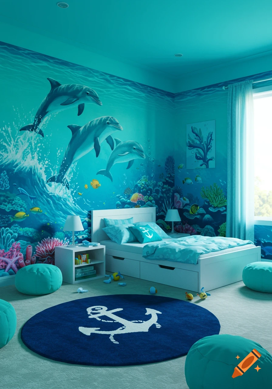 Blue bedroom with dolphin mural, underwater scene, blue bedding, anchor rug, and turquoise bean bags.