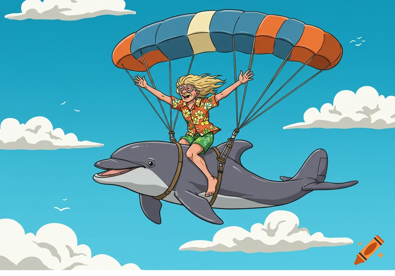 Cartoon illustration of a man riding a dolphin with a parachute through the sky.