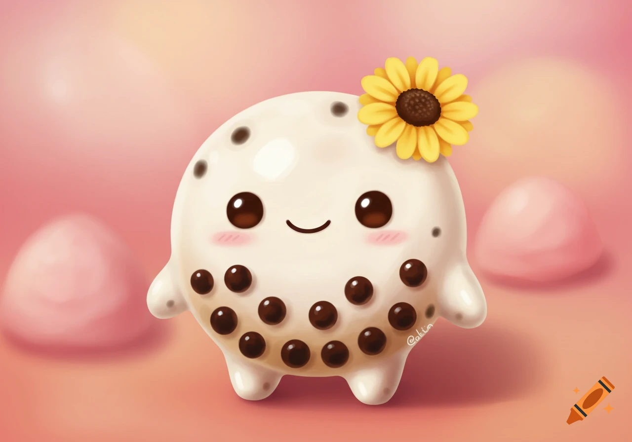 Cute round creature with boba pearls and a sunflower on its head against a pink background.