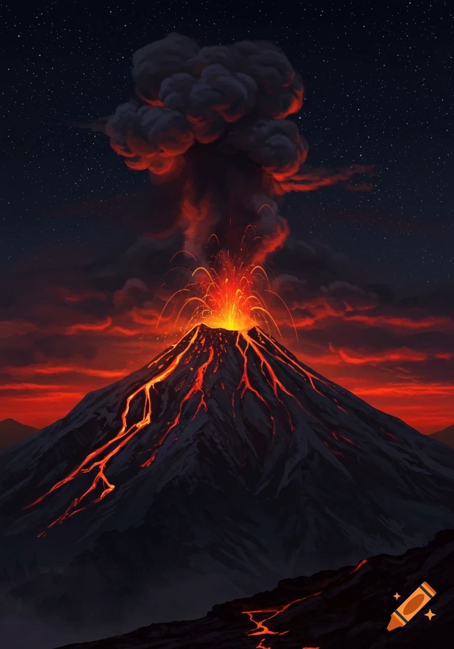 An erupting volcano at night with glowing lava flows under a starry sky.