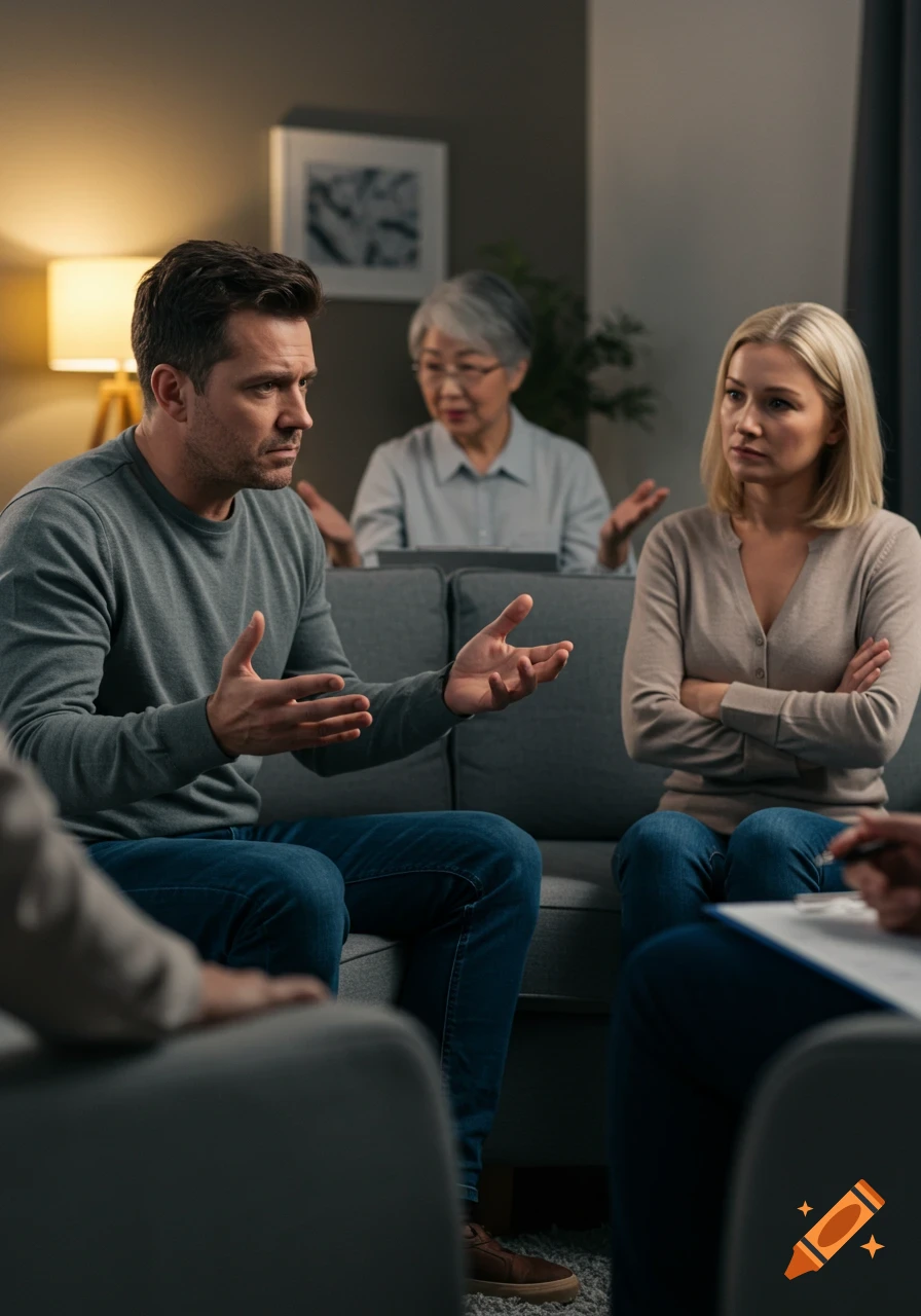 A couple arguing on a couch during a counseling session.