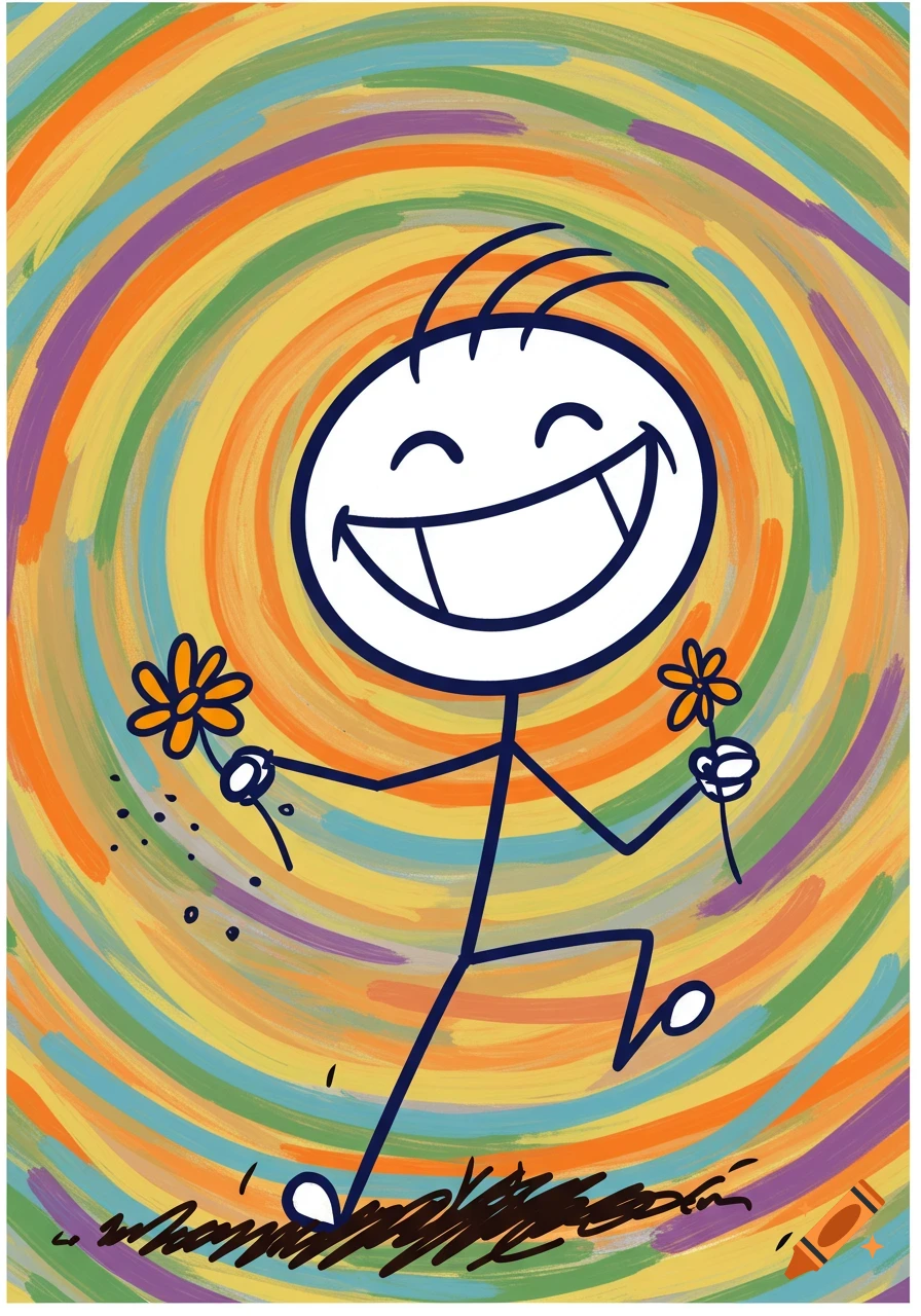 Happy stick figure holding flowers in a colorful swirling background, illustration.