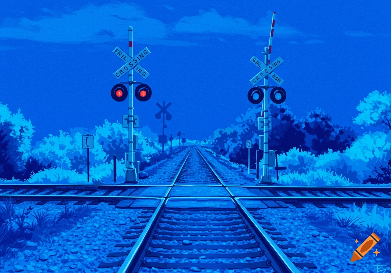 Blue-toned view of a railroad crossing with tracks, signs, and trees under a blue sky. Stylized landscape.