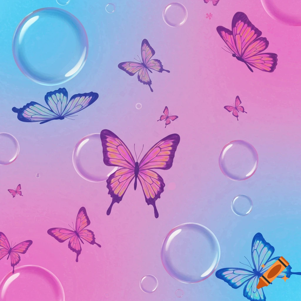 Pink and blue butterflies and bubbles on a pink and blue gradient background.
