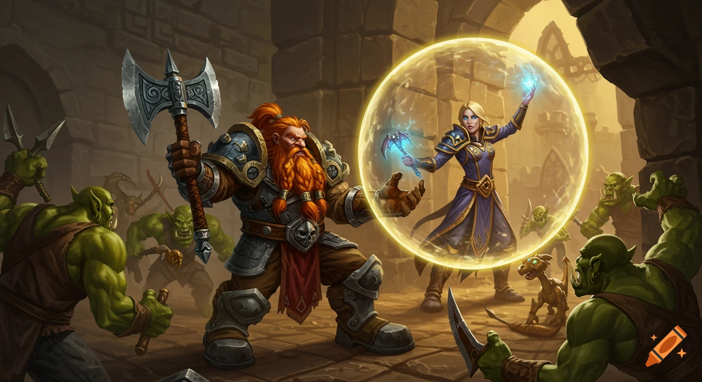 Fantasy art of a dwarf warrior and human priest battling orcs and a whelpling inside a tower.