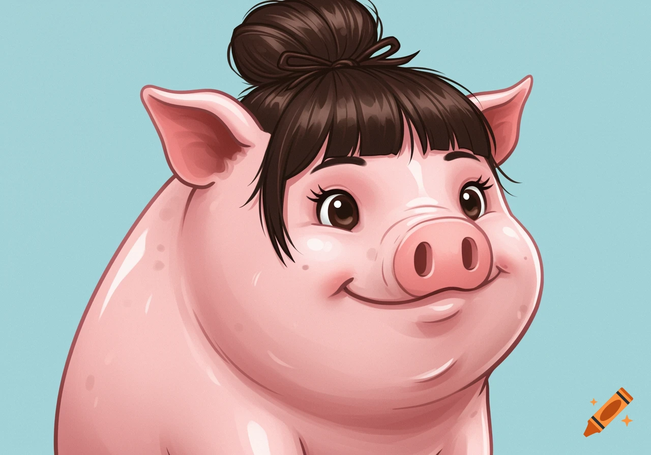 A cartoon pig with dark hair tied in a bun, smiling.