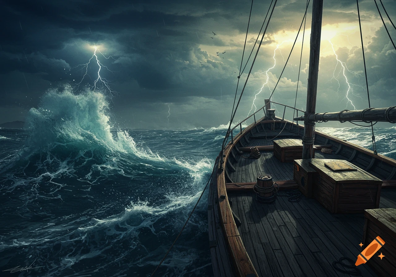 A wooden boat navigates rough seas during a stormy day with lightning.