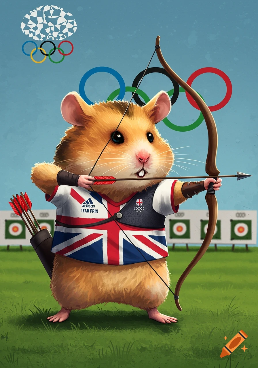 A cute hamster wears a Team GB uniform and shoots a bow and arrow at targets during an archery competition. Olympic rings are in the background.