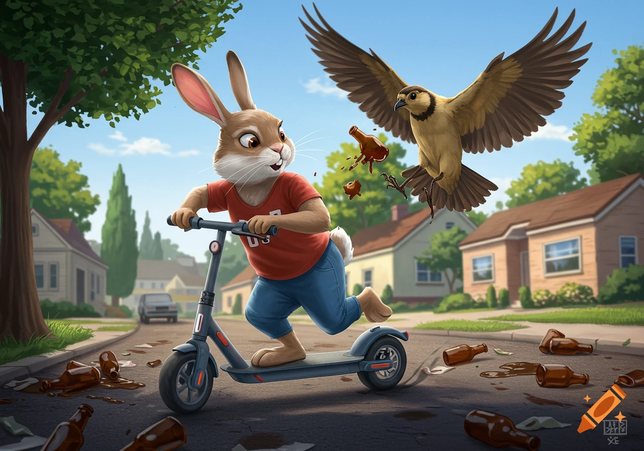 Cartoon bunny on a scooter is attacked by a bird in a suburban street littered with spilled bottles.