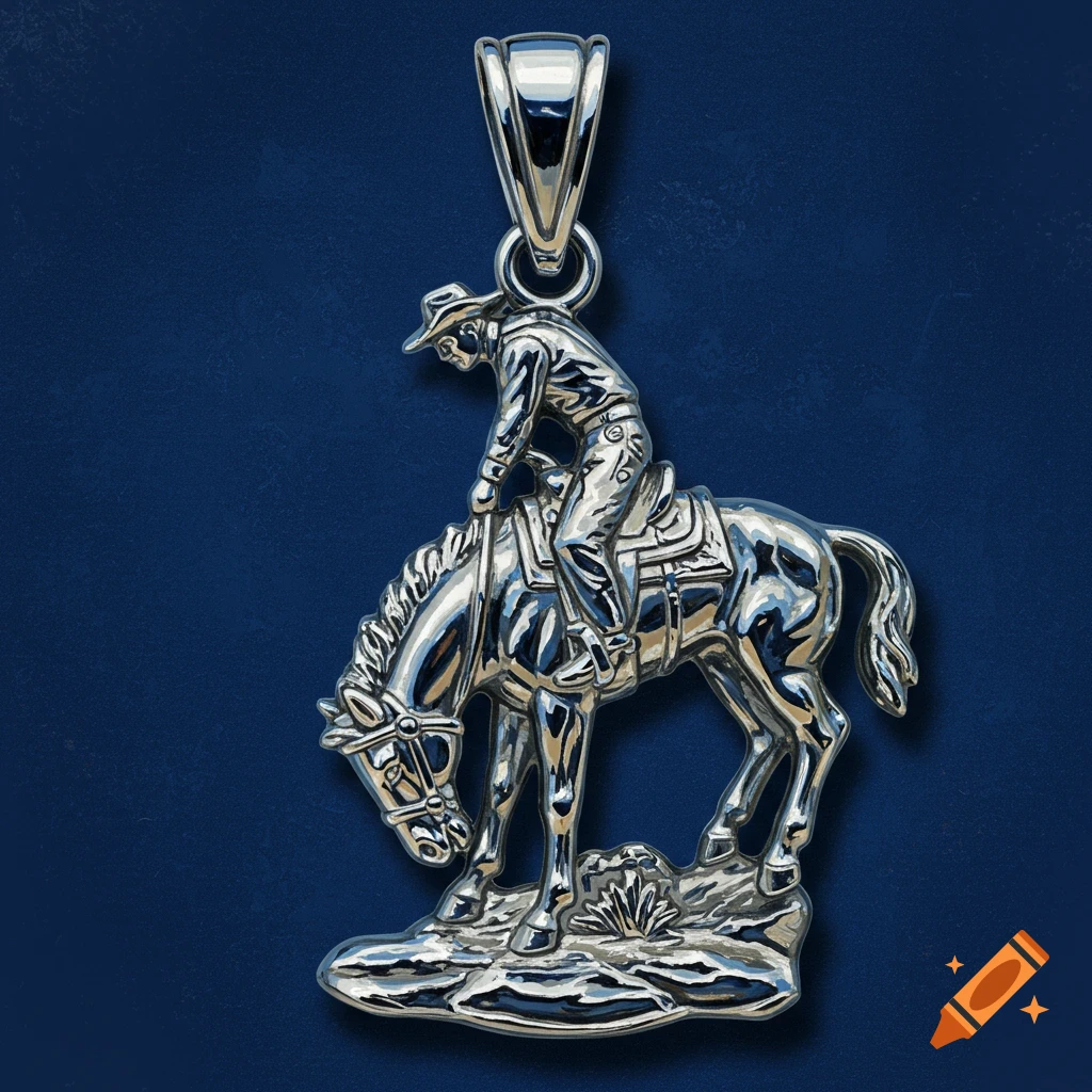 Chrome pendant of a cowboy riding a horse on a base against a dark blue background.