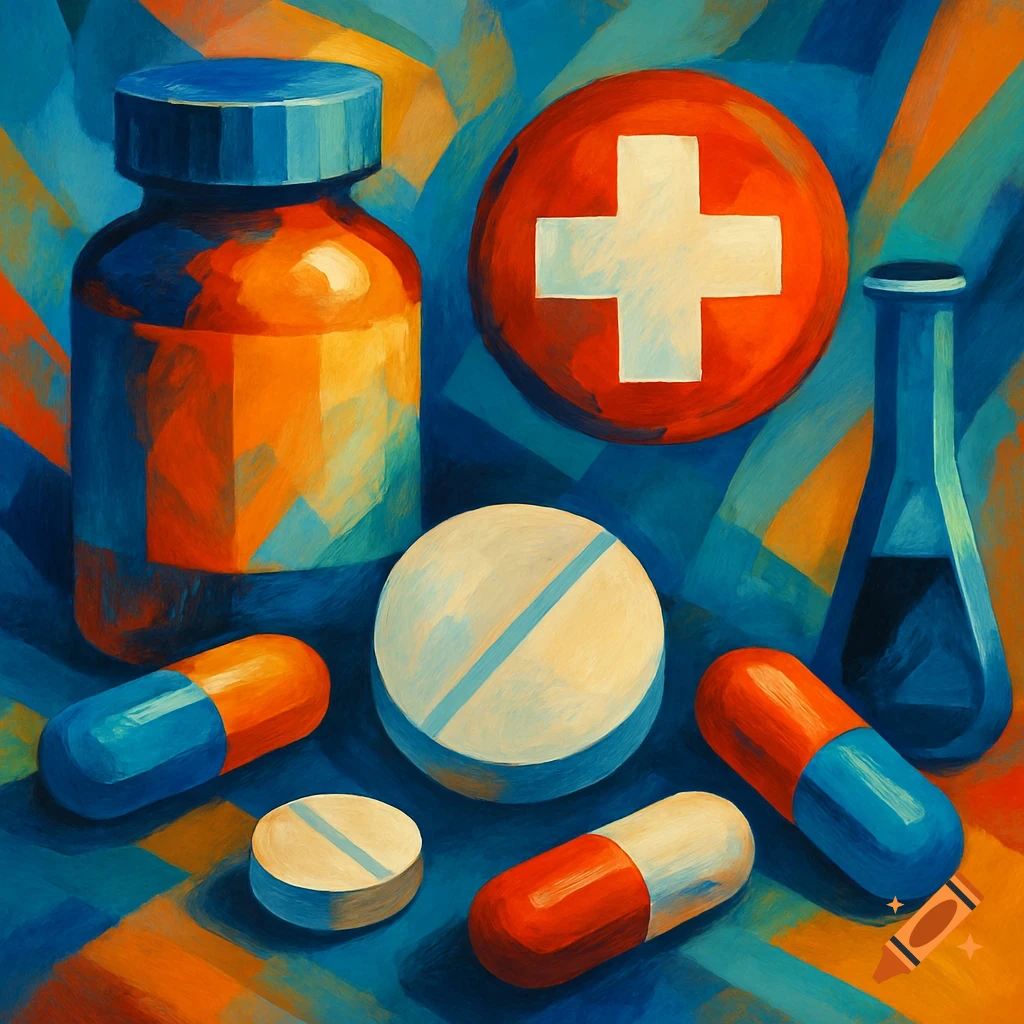 Abstract painting of pharmacy items like pills, bottle, beaker, and red cross.