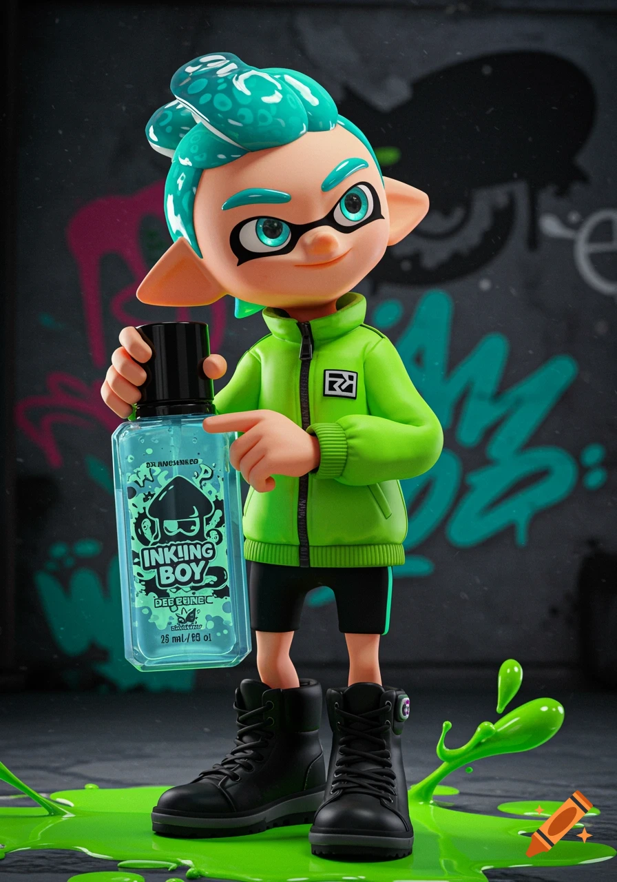 A 3D rendered Inkling boy character holding a deodorant bottle, standing in green ink on a dark street.