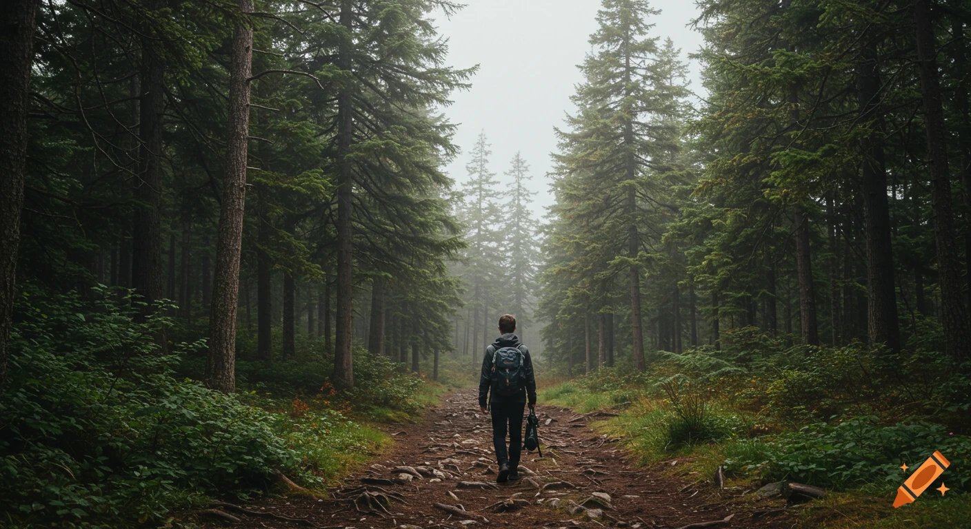 A person with a backpack walks down a misty path through a thick forest ...