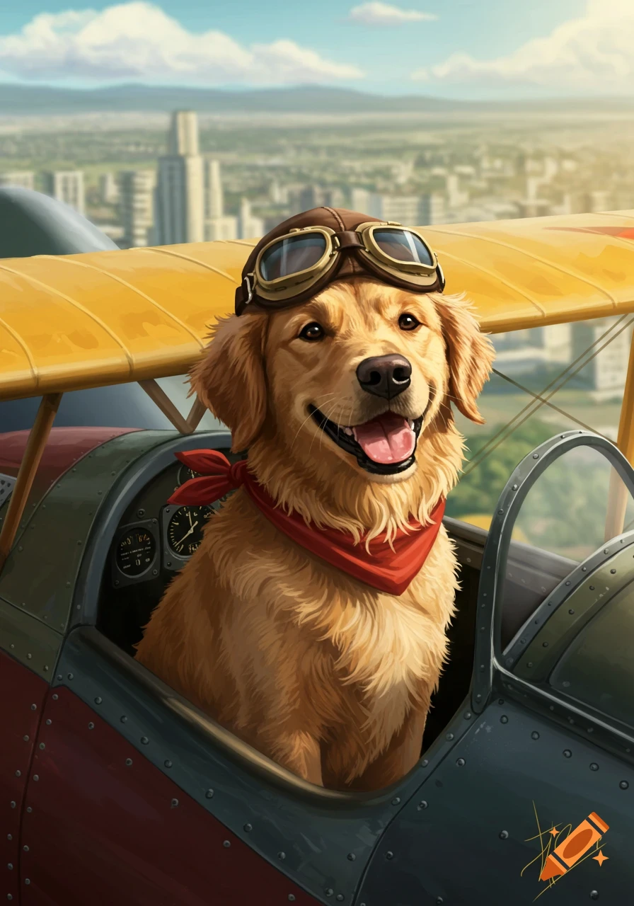A golden retriever dog in pilot goggles and a red scarf sits in the cockpit of a biplane over a city, illustration.