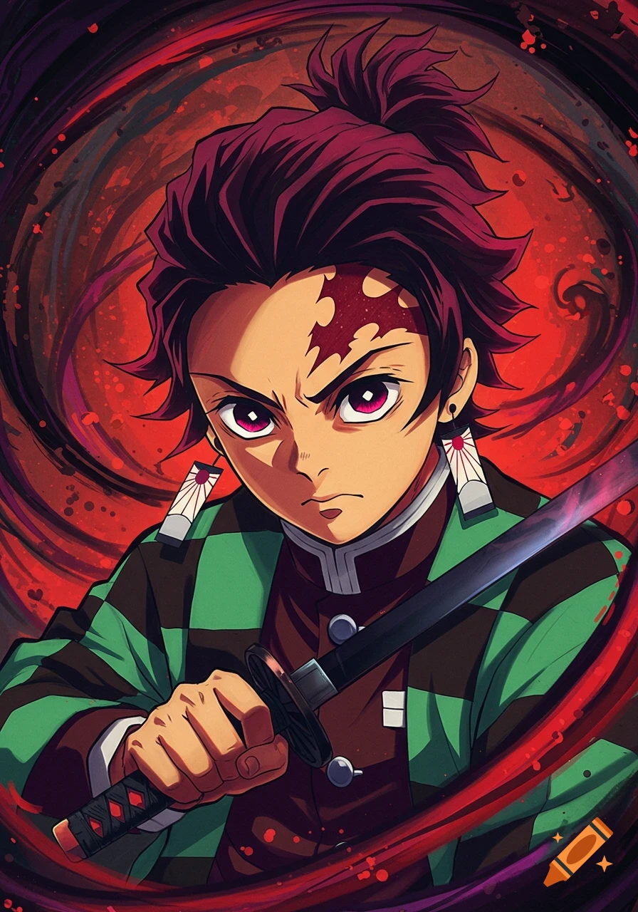 Anime portrait of Tanjiro holding a sword against a red background.