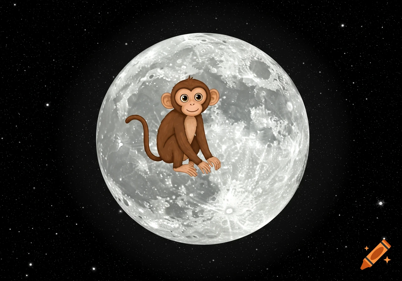 A cartoon monkey sits on a full moon in a starry night.