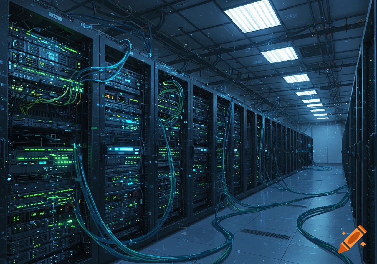 A long hallway in a modern data center with rows of server racks glowing blue and green, and cables running along the floor.