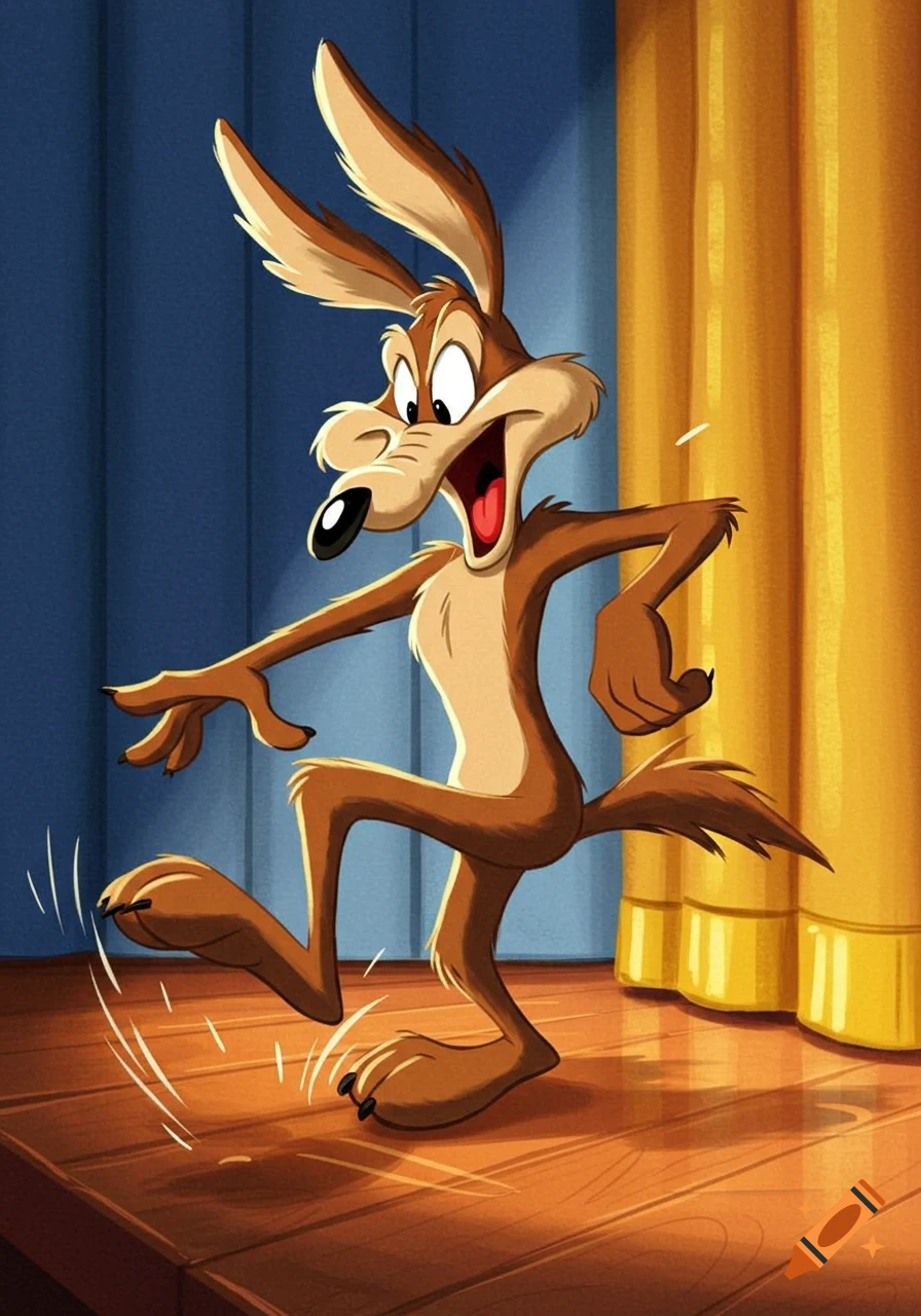 Wile E. Coyote cartoon character tap dancing on a stage.