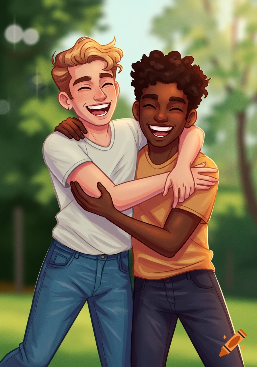 Illustration of two young men hugging and smiling in a park.