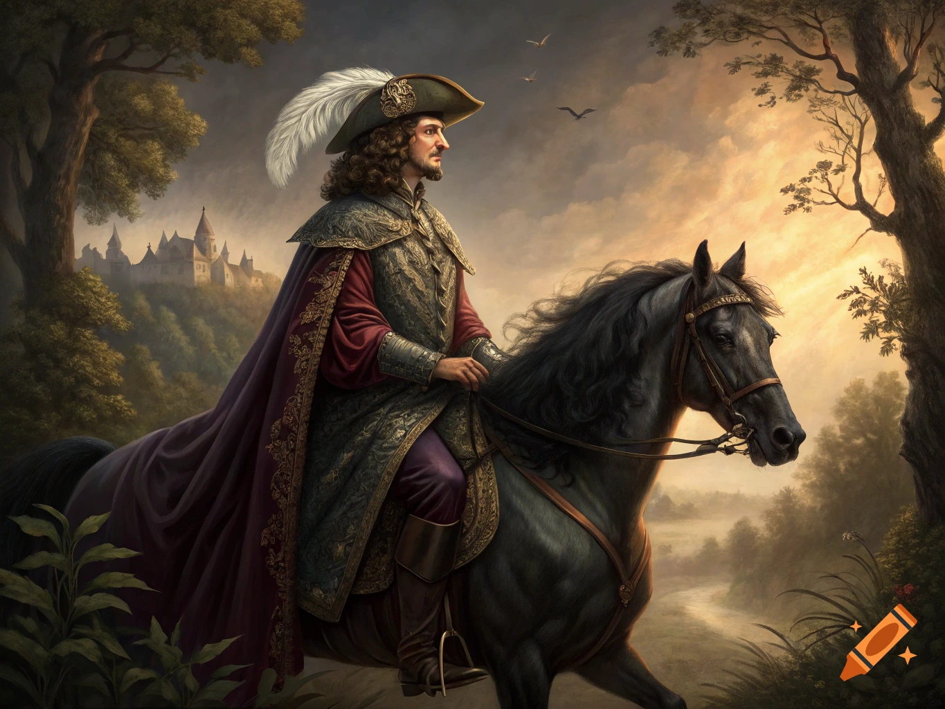 A man in renaissance attire rides a horse through a misty landscape with a distant castle.