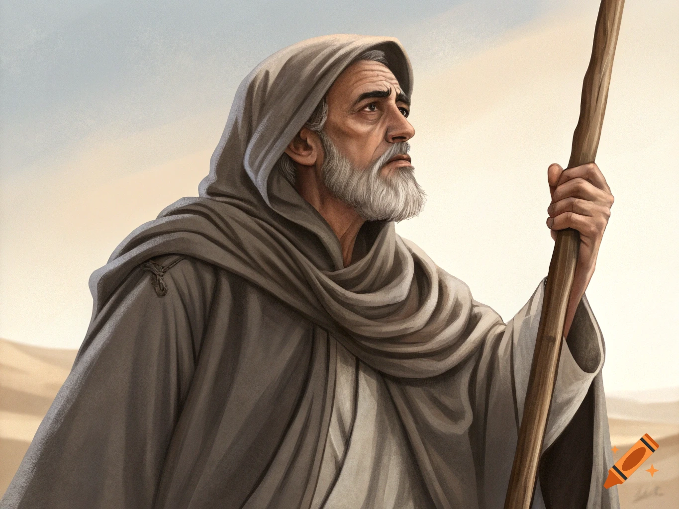 Illustration of an old man with a beard and hooded robe holding a staff and looking up in a desert landscape.