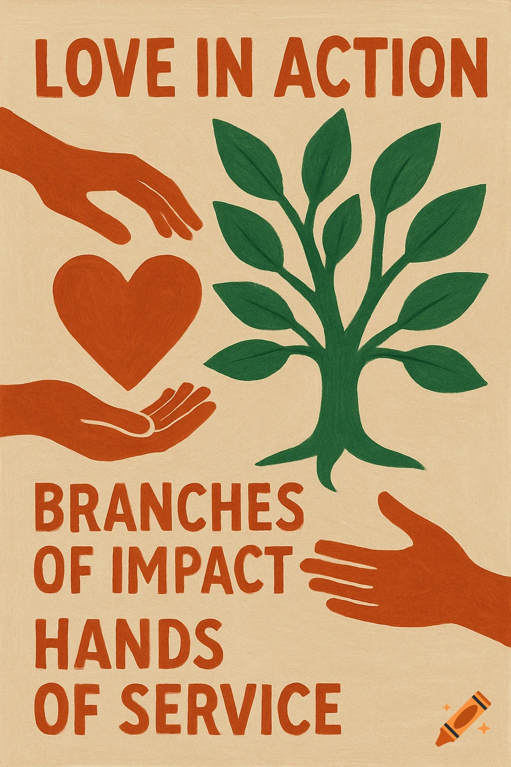Illustration of hands, a heart, and a tree with the text 'LOVE IN ACTION', 'BRANCHES OF IMPACT', 'HANDS OF SERVICE'.