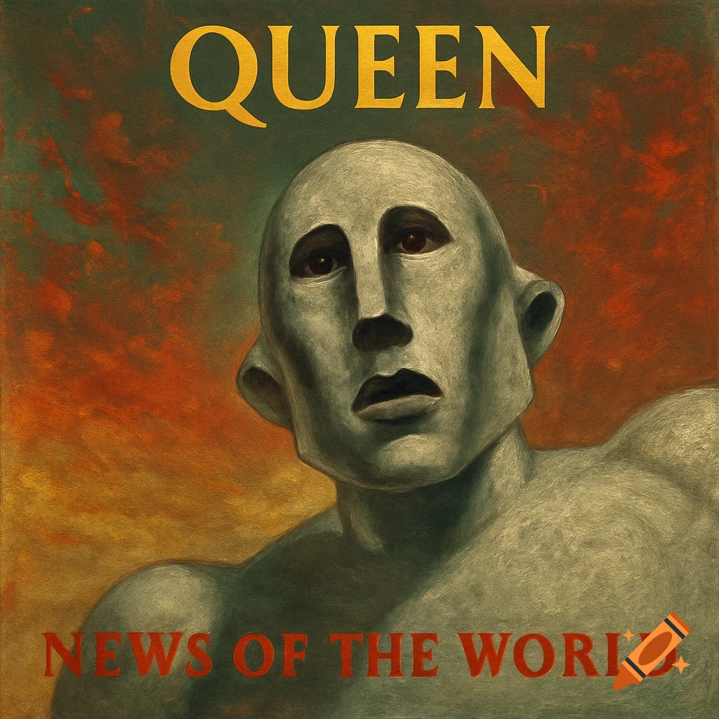 Album cover featuring a giant figure looking down, with text 'QUEEN' and 'NEWS OF THE WORLD'. Painterly style.