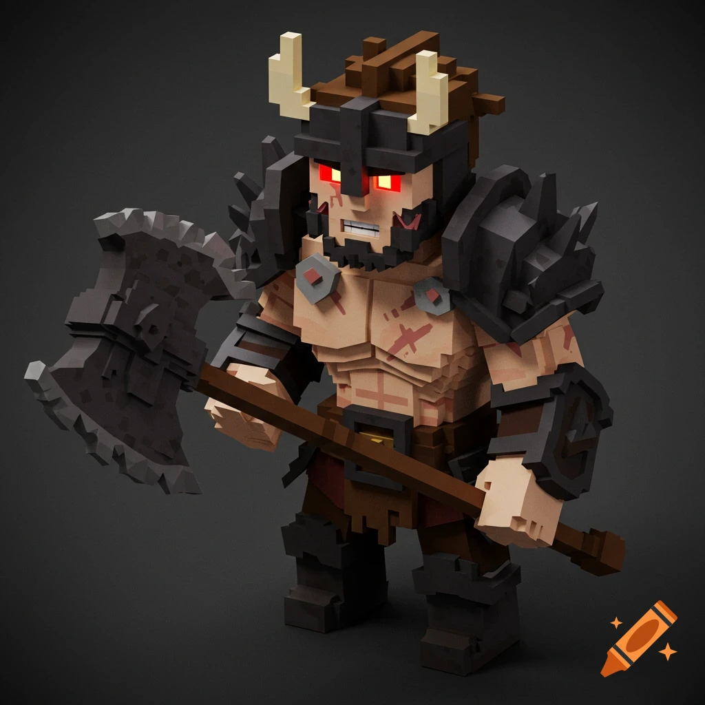A voxel art rendering of a berserker warrior holding a large axe.