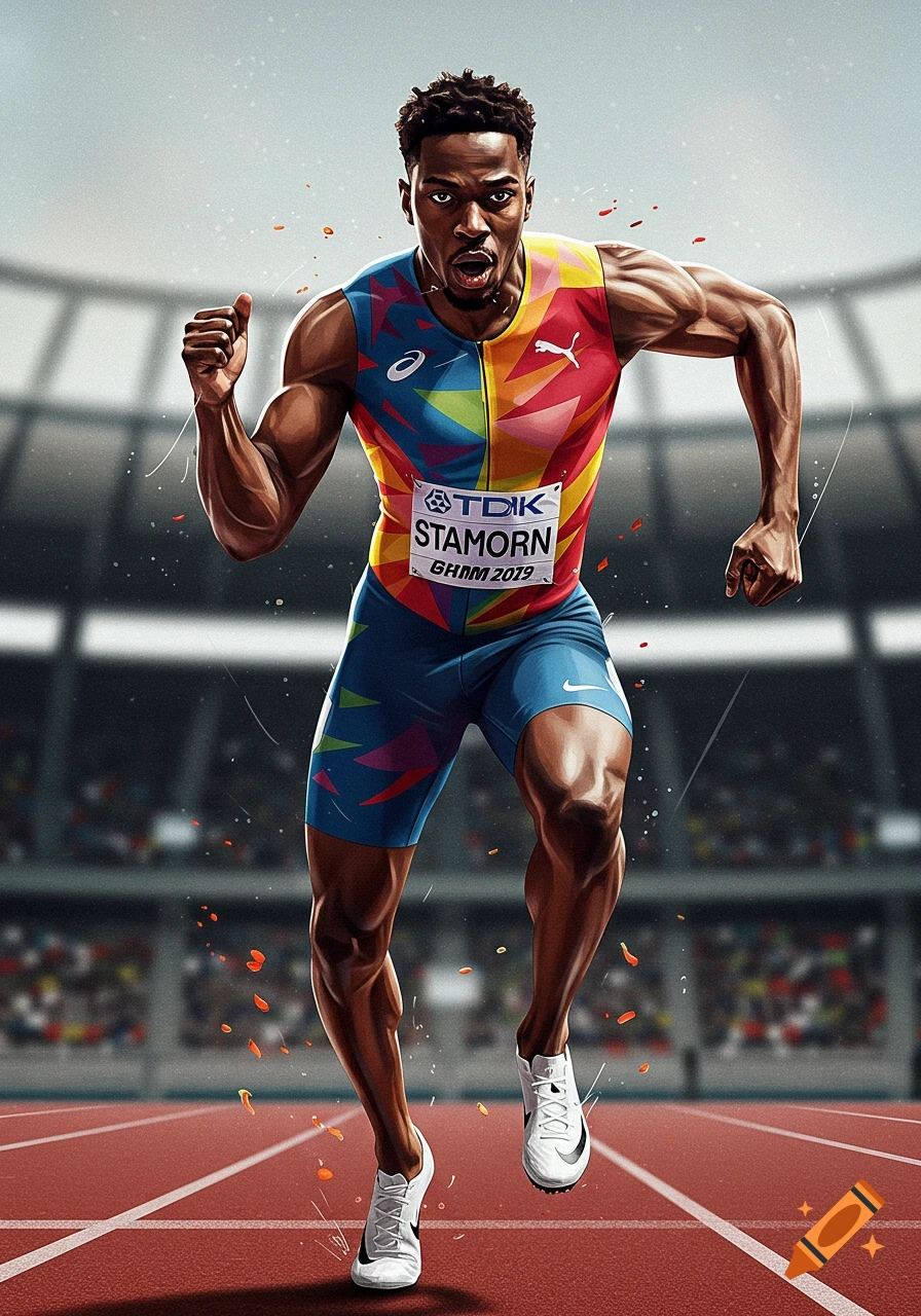 Illustration of an athlete running on a track in a stadium.