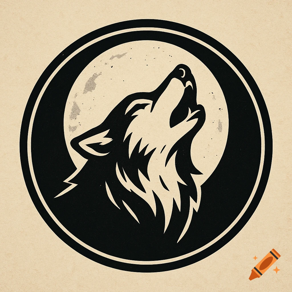 Black and white graphic logo of a howling wolf head against a moon inside a circle.