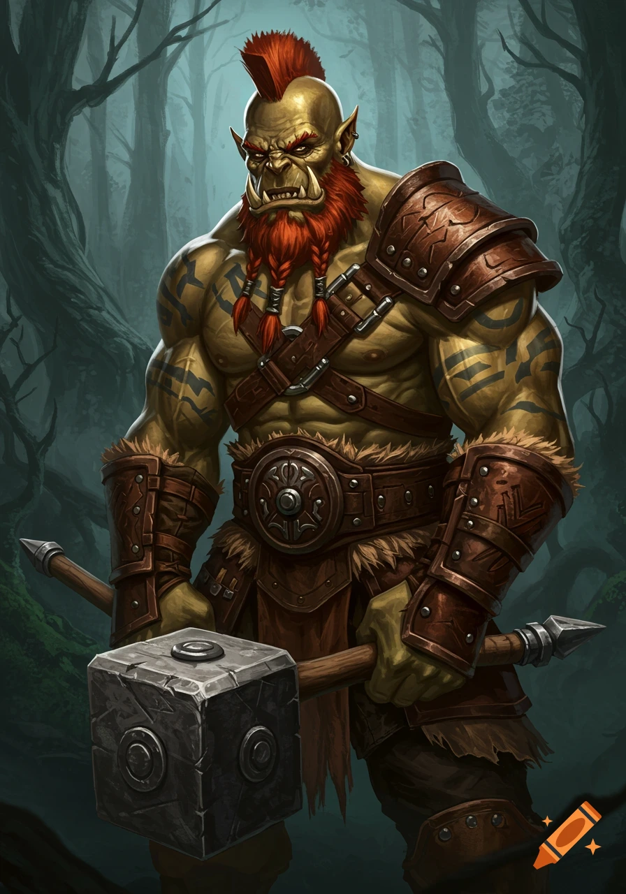 An orc character with a ginger mohawk and beard holds a hammer in a forest, digital illustration.