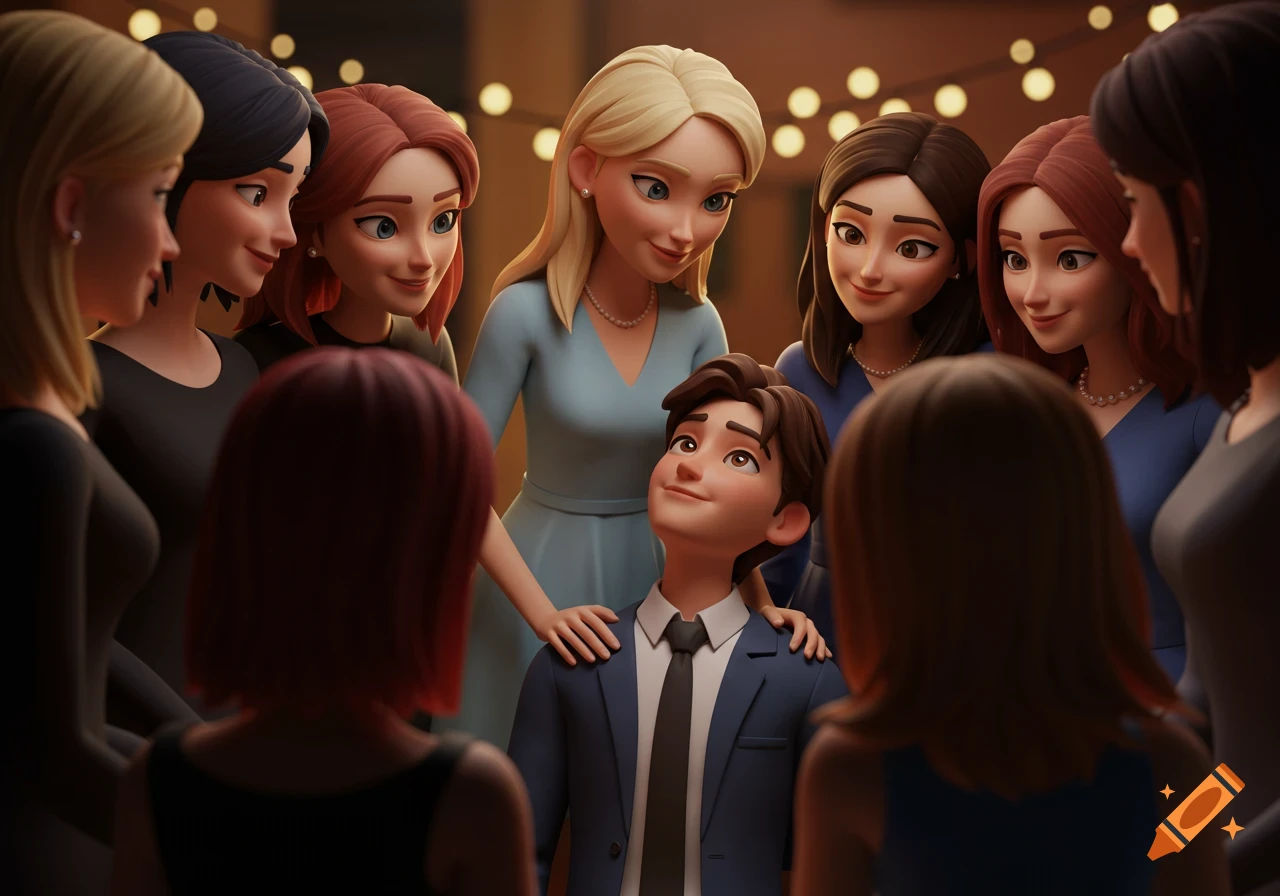 A young man is surrounded by smiling women in an animated style, with warm lighting and string lights in the background.
