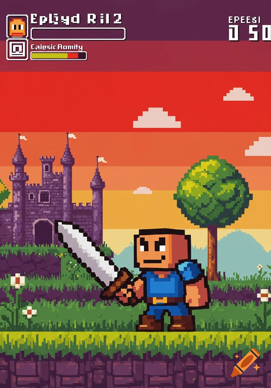 Pixel art retro video game screen with a character holding a sword ...