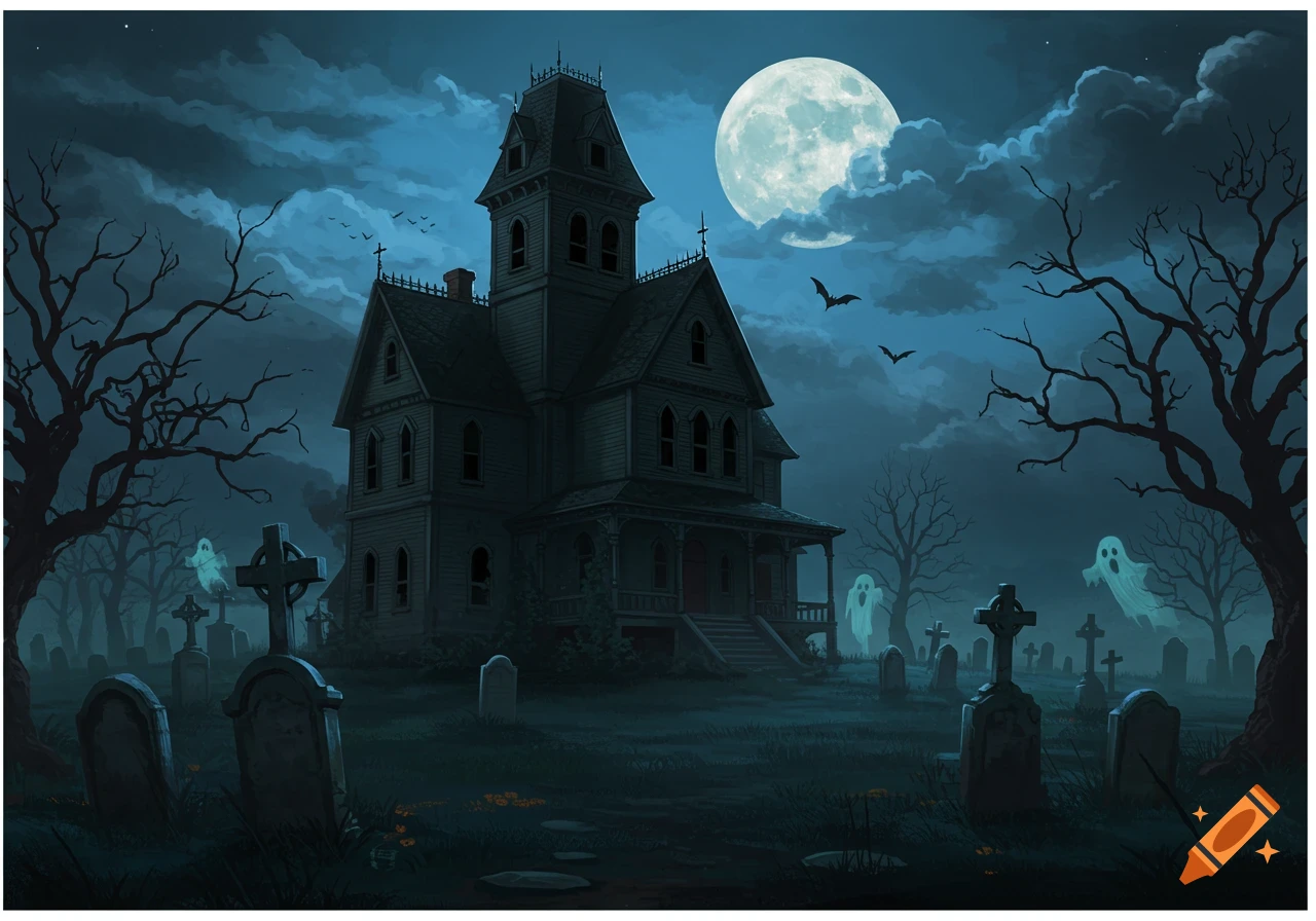 Illustration of a haunted house and graveyard under a full moon with ghosts and bats.