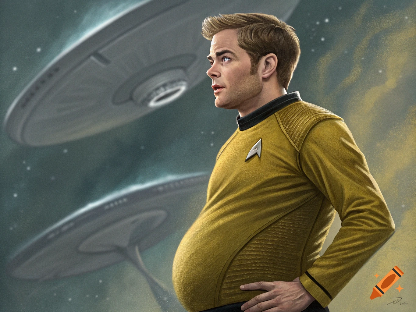 Realistic illustration of Captain Kirk (Chris Pine) in a Starfleet uniform with a pregnant belly, standing in space with two UFOs.