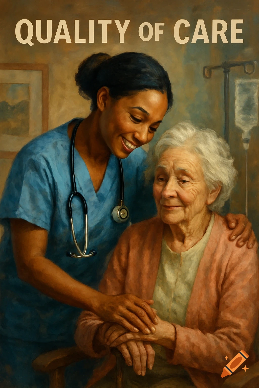 Painting of a smiling healthcare worker tending to an elderly patient, with the text 'QUALITY OF CARE' above.