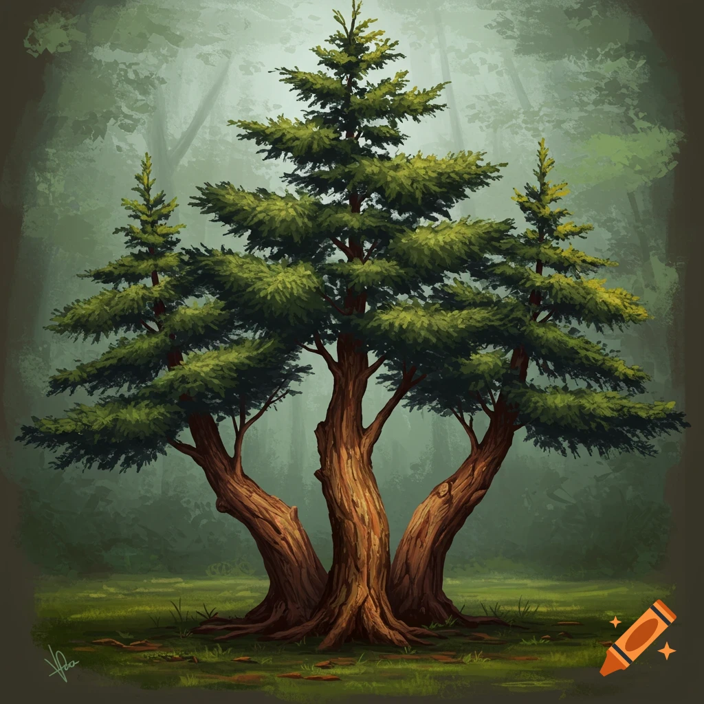 Painterly illustration of three cedar trees growing from a single base in a forest clearing.