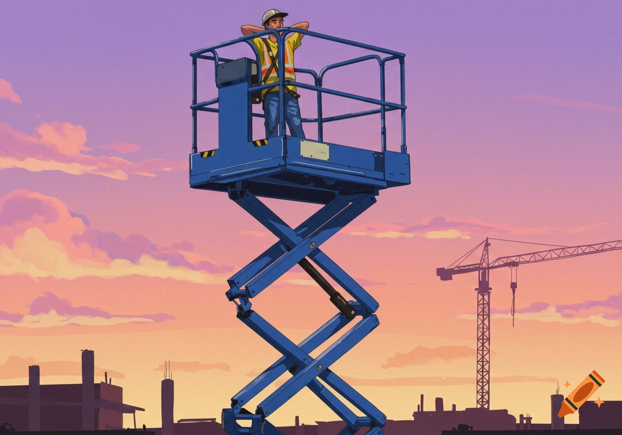 Illustration of a worker lounging on a raised scissor lift platform at a construction site during sunset.