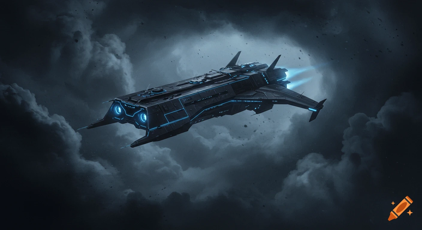 A dark sci-fi spaceship with blue lights flies through gloomy, misty clouds.