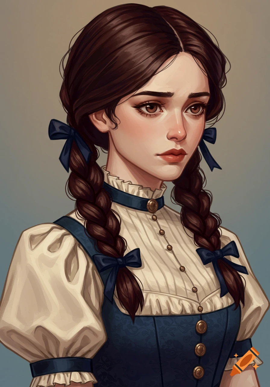 Illustration of a young woman with pigtails wearing an 1880s style dress.
