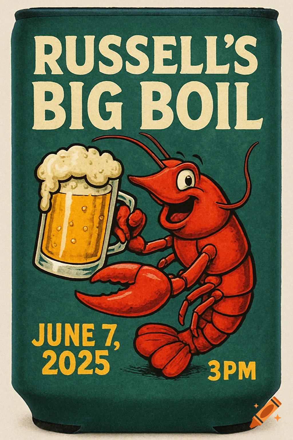 A cartoon lobster holds a mug of beer on a can design for Russell's Big Boil. Vintage style.