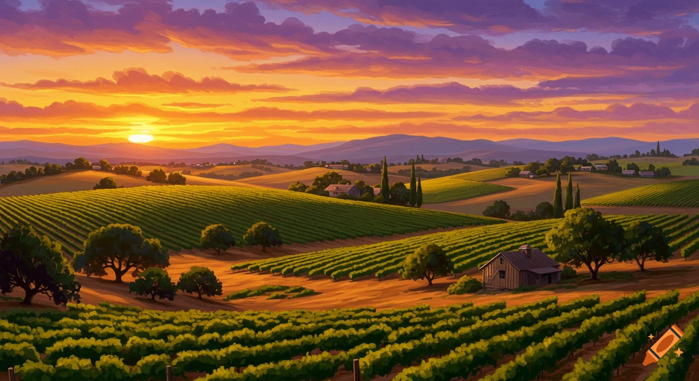 Painted vineyard landscape at sunset with rolling hills and a farm building.