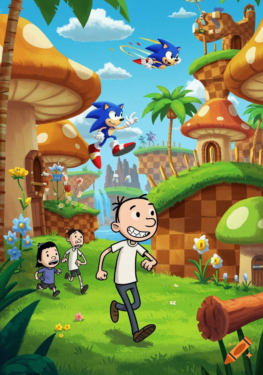 Greg Heffley runs through a Sonic the Hedgehog-style landscape as Sonic jumps overhead.